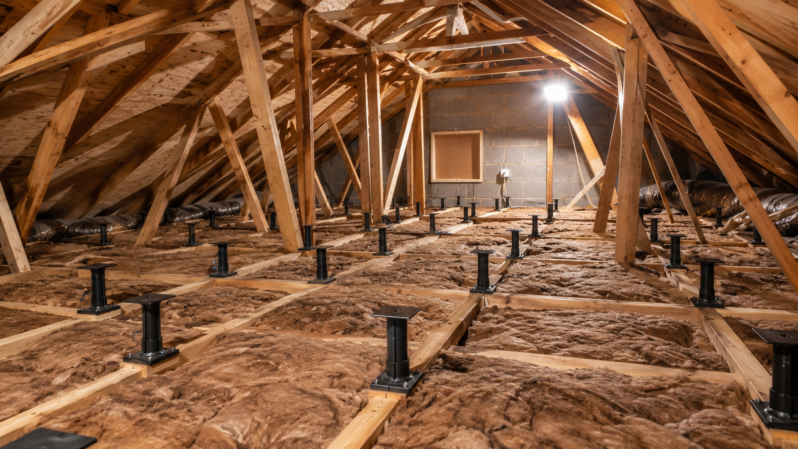 Adjustable black loft-leg supports positioned above insulation between timber joists