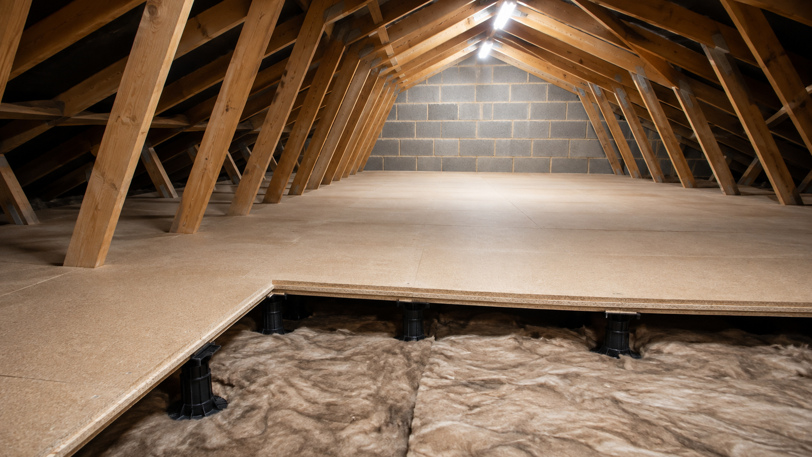 Raised loft boarding fitted on supports above a layer of insulation