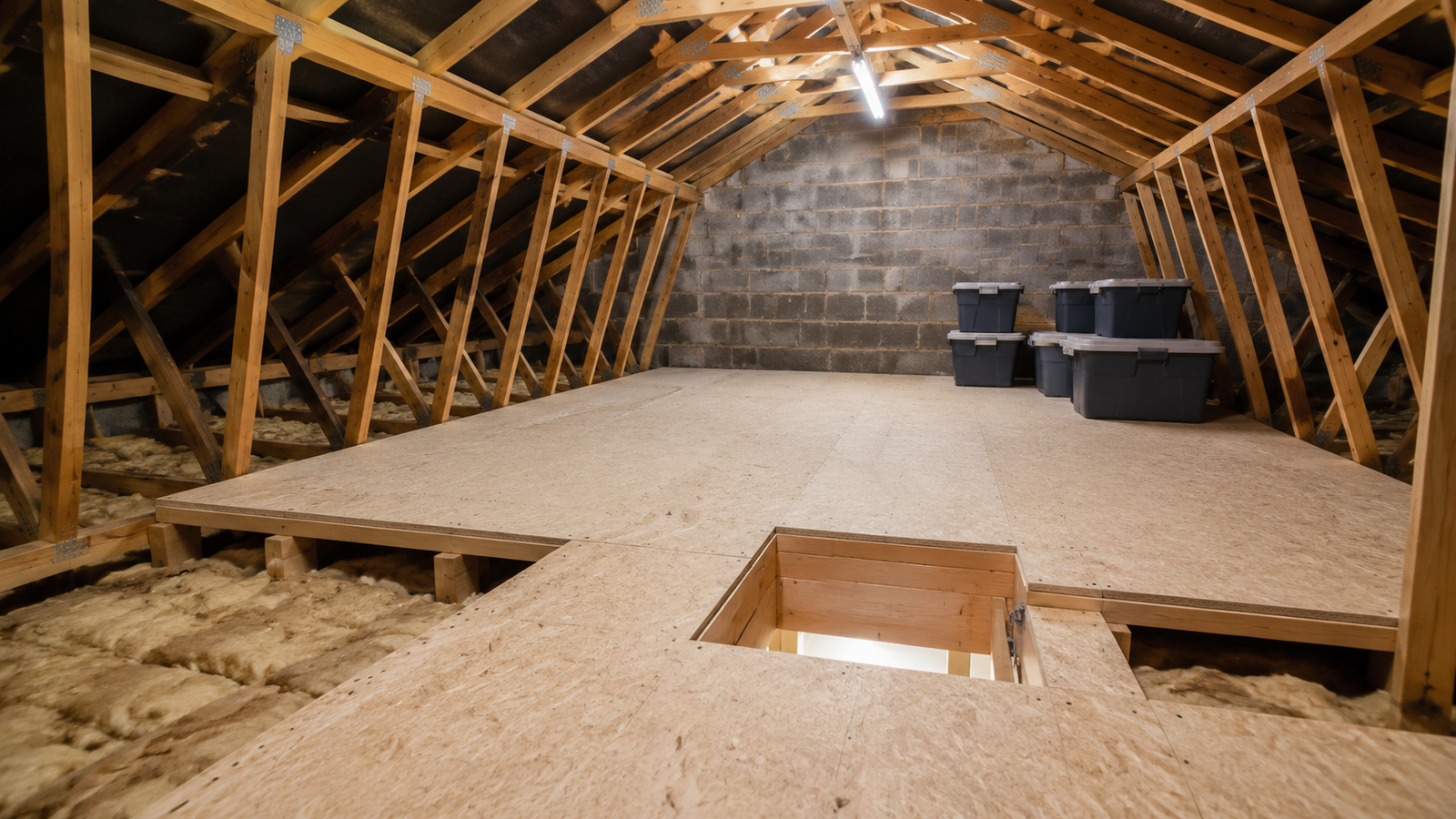 Central boarded storage deck around a loft hatch with insulation visible at the edges