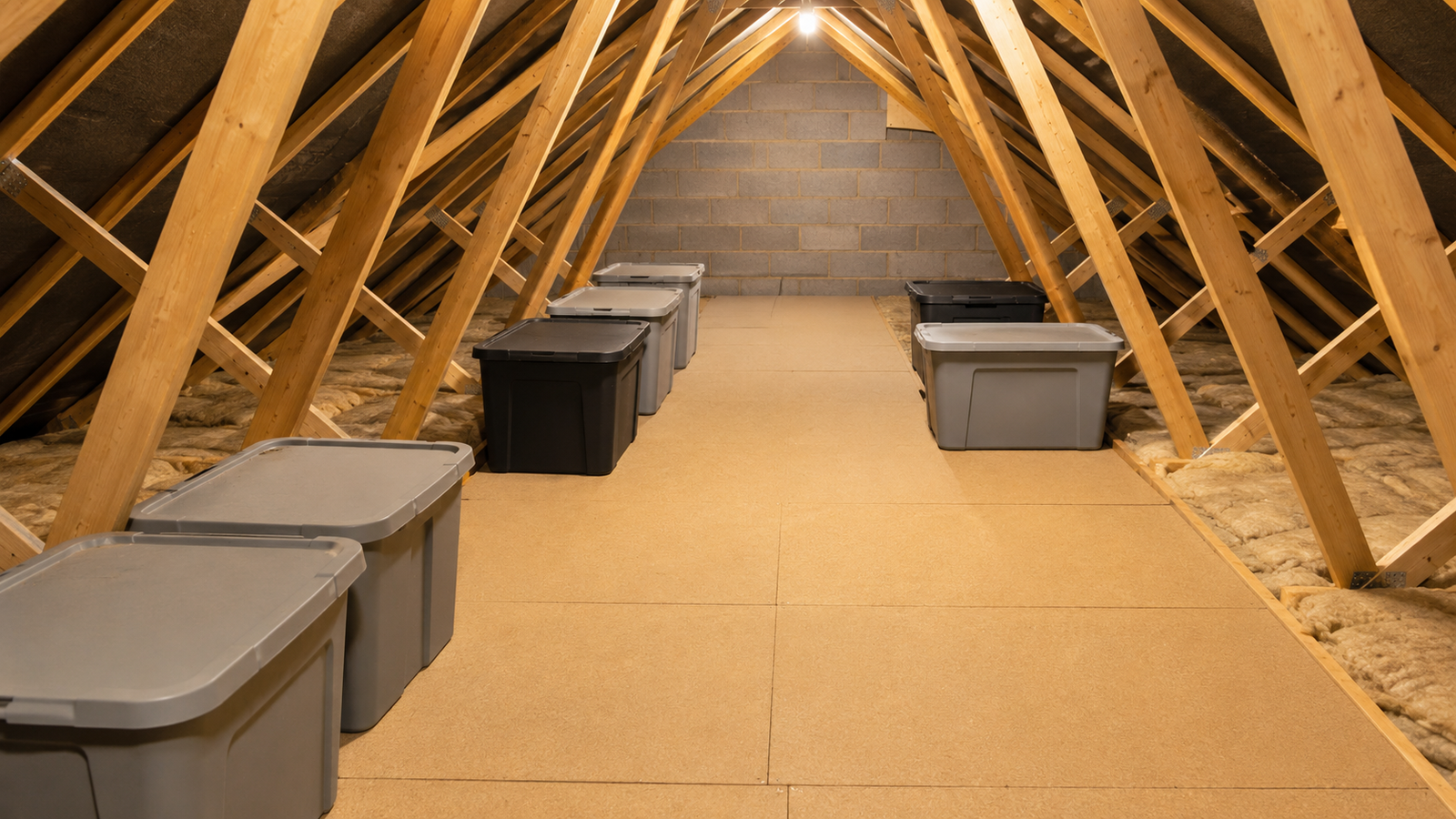 Boarded loft walkway with lidded storage boxes organised along each side